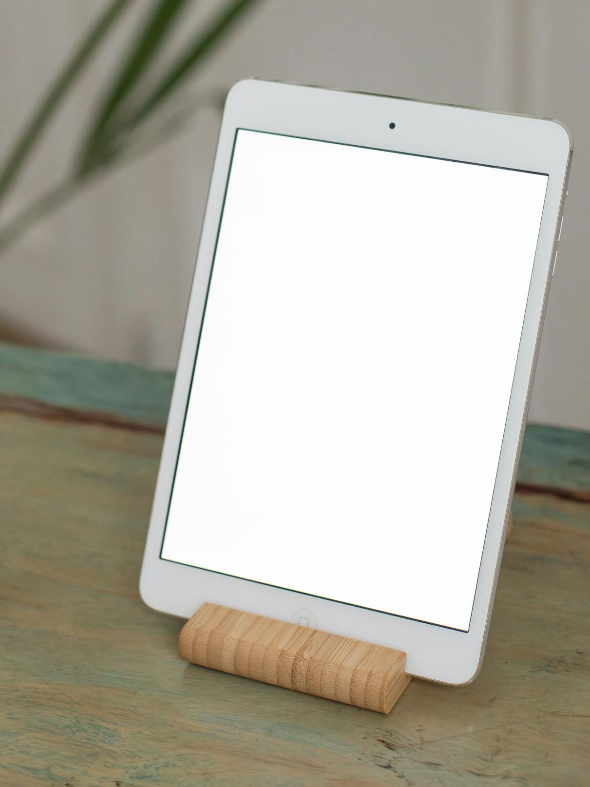 Blank tablet screen on wooden stand indoors with green plant background, ideal for technology mockups.